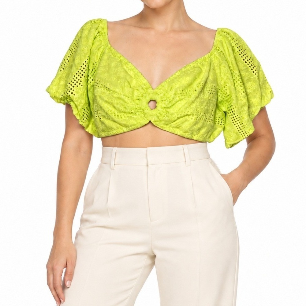 Wild Fable Crop Top Womens XL Lime Green Eyelet Lace Up Puff Sleeve Trendy Y2K